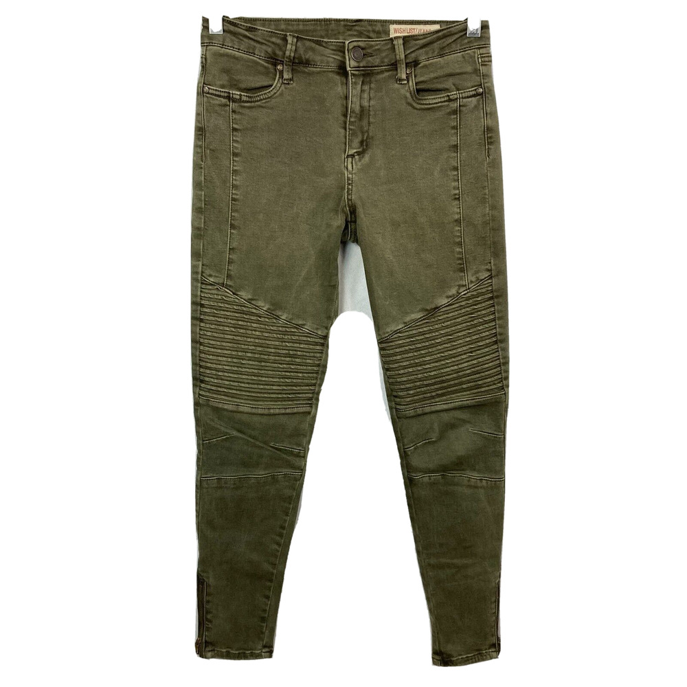 Wish List Jeans Womens Sz L Green Mid Rise‎ Moto Skinny Cotton Stretch